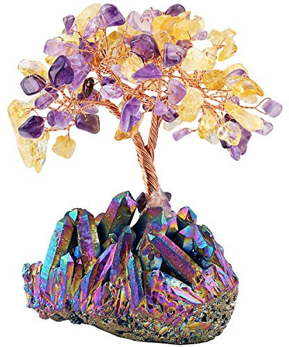 mookaitedecor Amethyst & Citrin Kristallbaum mit elektroplattiertem Buntem Quarz als Basis und bewickeln mit Kupferdraht, schönes Symbol für Reichtum und Glück, Geschenk für Familie Büro Dekoration