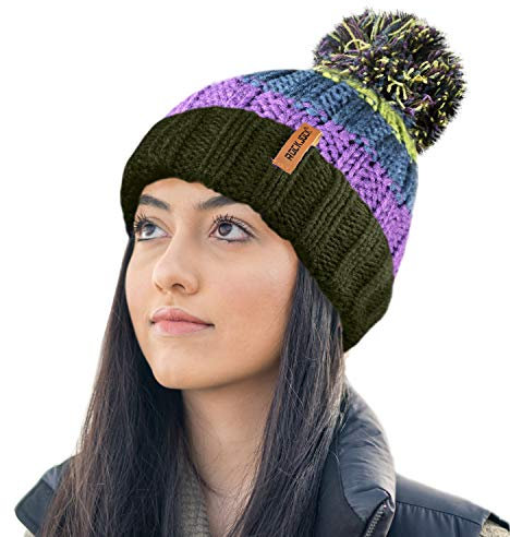 RockJock R80 Thermal Insulating Striped Beanie Bobble Hat with Cosy Fleece Lining-Purple/Green