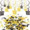 HOWAF Silvester deko 2025 Neujahrdeko Silvester Dekoration Set, 15 Teilig Frohes neues Jahr hängedeko Folie Wirbel Happy New Year Deckenhänger Spiralen Girlande und Konfetti, schwarz, Gold, Silber