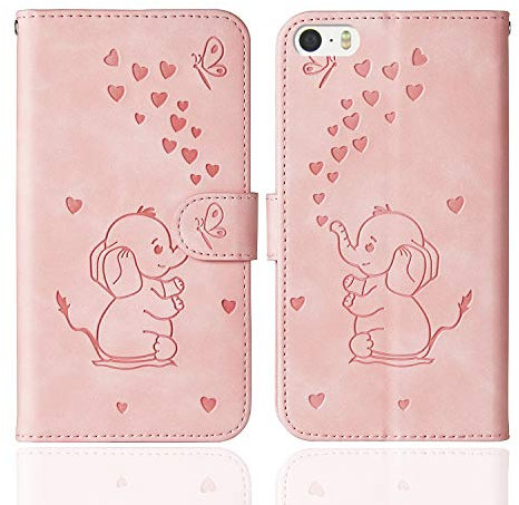 Tiyoo Phone case for iphone 5/5s/5se Embossed Love Heart Elephant Butterfly Pattern Folding Stand PU Leather Wallet Flip Cover Protective Case with Card Slots, Magnetic Closure (Pink)