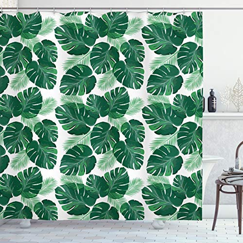 ABAKUHAUS Blätter Duschvorhang, Monstera Pinnate Palmate, Stoffliches Gewebe Badezimmerdekorationsset mit Haken, 175 x 240 cm, Weiß Jadegrün