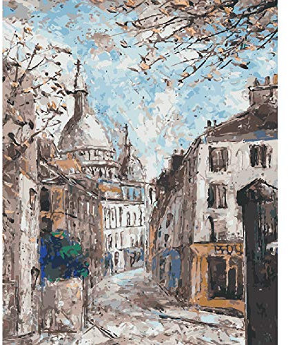 ABEUTY Malen nach Zahlen Europäische Stadt Haus Baum Pflanze 40 x 50 cm DIY Malen nach Zahlen Kits (Landschaft, kein Rahmen)