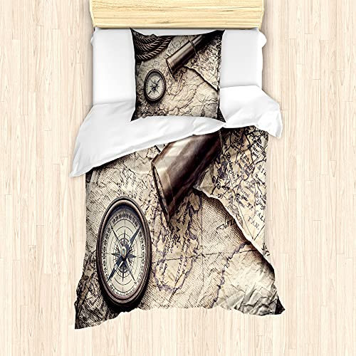 ABAKUHAUS Kompass Bettbezug Set für Einzelbetten, Nostalgischer Maritime Werkzeuge, Milbensicher Allergiker geeignet mit Kissenbezug, Beige Taupe