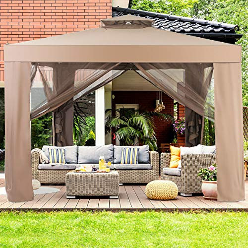 RELAX4LIFE Gazebo da Giardino 3x3M, Gazebo da Esterno con 4 Tendine Laterali, Struttura in Acciaio, Zanzariera Chiudibile e Rimovibile, per Cortile, Prato e Giardino (3x3x2,65M, Caffè)