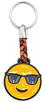 ClaroSchmuck Schlüssel-Anhänger Emoji mit der Sonnenbrille Schlüsselring aus Metall Stärke 2 mm, Band aus Kunstleder, Gesamtlänge ca. 98 mm, Einheitsgröße