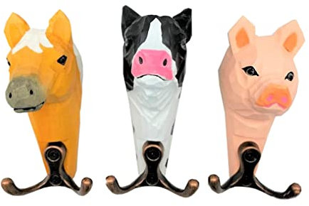 your castle Wandhaken Bauernhof Tier Familie Tierköpfe - 2-fach Garderobenhaken aus Holz 3er-Set Pferd, Kuh, Schwein, 11 x 6 cm