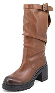 QUEEN HELENA Stivali di Pelle con Tacco Plateau Biker Arricciati Invernali Donna QH21L48 (Marrone, numeric_36)