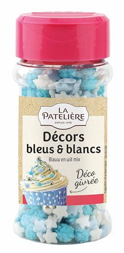 LA PATELIÈRE - Mélange de Perles et d'Étoiles en Sucre - Bleu et Blanc - Décors Comestibles pour la Pâtisserie - Saveur Sucre et Chocolat - Texture Croquante et Croustillante - 45g