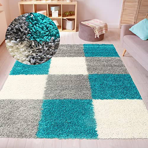 CARPETIA Moderner Hochflor Shaggy Teppich mit Karodesign türkis grau Creme 120x170cm