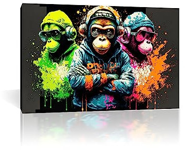 NOLLAM Bild auf Leinwand AFFE-Tier Bilder Graffiti Leinwand Gemälde Wandkunst Tiere Poster Und Kunstdrucke-3 weise Swag-Affen Wandbilder Für Wohnzimmer Dekoration60x90cm 24x35Innenrahmen