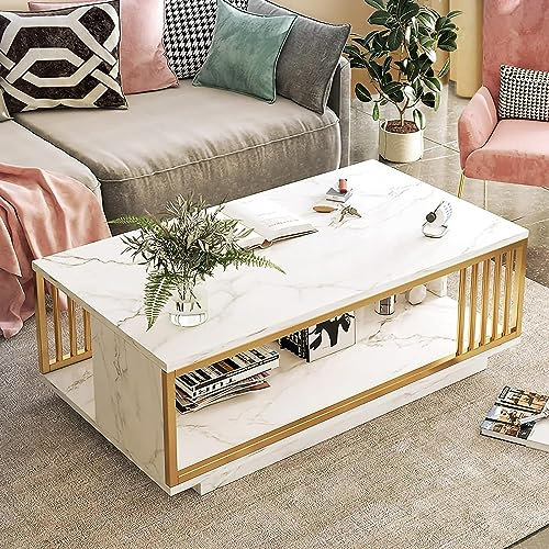 CATANK Table Basse avec Rangement, Table Basse rectangulaire Moderne avec Cadre en métal Robuste, Table de Cocktail en métal, Table à thé avec Base en Planches pour Salon, Bureau à domici