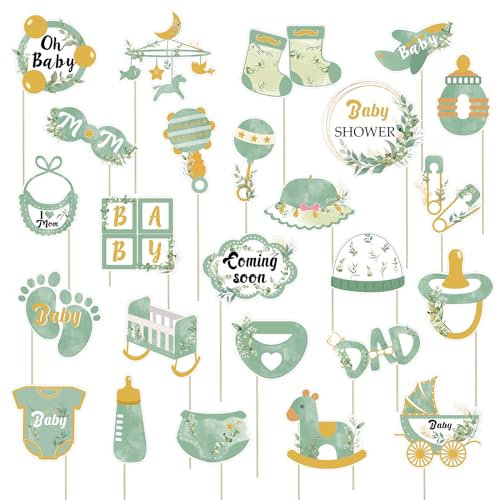 Salbei grün Baby Dusche Photo Booth Requisiten 25pcs Greenery Baby Dusche Selfie Requisiten für Junge Mädchen Boho Dschungel Safari Neutral Geschlecht Woodland Willkommen Oh Sweet Baby Dusche Dekor