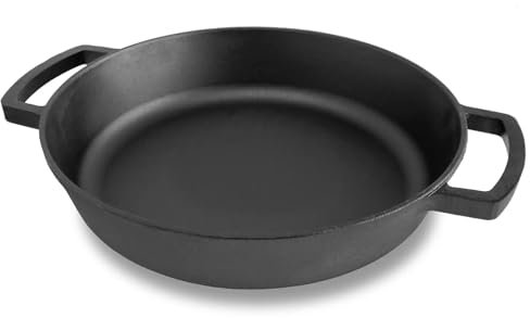 Poêle en fonte Ø 36 cm – Poêle à frire avec deux poignées – Faitout en fonte – Poêle de service, cocotte, sauteuse adaptée pour barbecue à gaz, four, foyer, tous feux dont induction