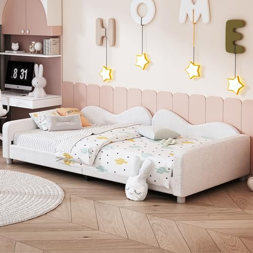 Merax Polsterbett Kinderbett 90x200 cm aus weichem Teddystoff – Schlafsofa mit Rückenlehne und Armlehnen in Weiß, das ideale Bett für Kinder und Gäste (ohne Matratze)