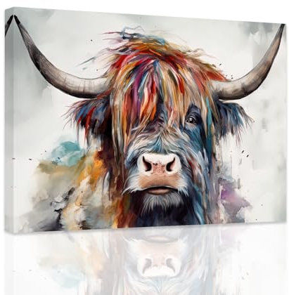 ZXHYWYM Highland Kuh Wandbild buntes Highland Rinder Gemälde abstrakte Kuh Leinwanddruck Bauernhaus Badezimmer Wanddekoration mit Rahmen (A (30.00 x 45.00 cms))