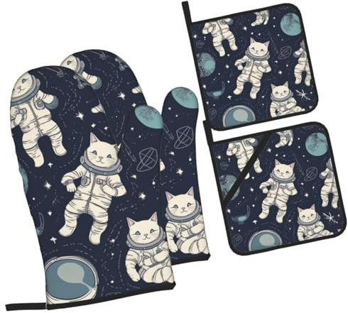 4-teiliges Ofenhandschuhe und Topflappen-Set, lustige Katze, Astronaut, Küche, Ofenhandschuh, rutschfest, hitzebeständig, 500 Grad lang, Ofenhandschuhe und Topflappen zum Kochen, Backen, Grillen,