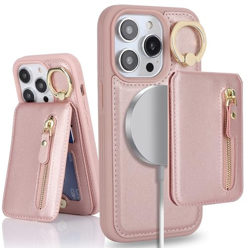 SailorTech iPhone 13 Pro Phone Case with Card Holder, iPhone 13 Pro Case Magsafe Ring Stand with Kickstand Card Slots Wallet Detachable 2-in-1 Zipper Case - Pink