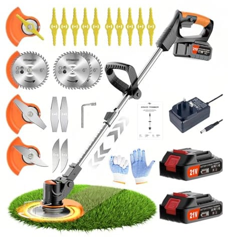 Wrneaoch 21V Cordless Strimmer Cordless Grass Trimmer, Cordless Strimmer with 2 Pieces 2Ah Li-ion Battery and Charger, Lawn Edger Tool for Trimming Grass Weed