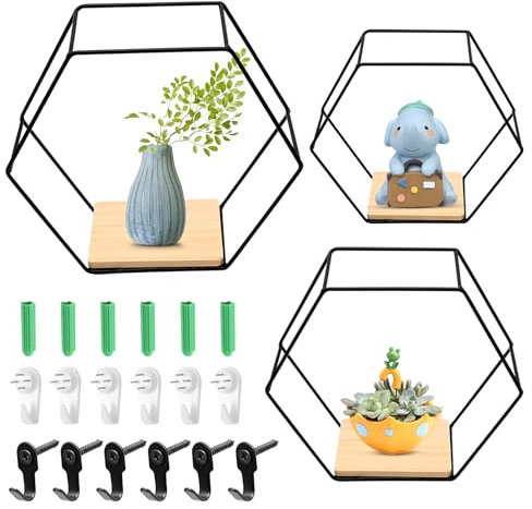 POXIAOER Schwebende Regale, sechseckige Regale, 3 Stück, Metall-Wandregal, moderne geometrische Ausstellungsregale, schwarze Wandregale für Wohnzimmer, Schlafzimmer, Dekor, Regal für Ornamente,