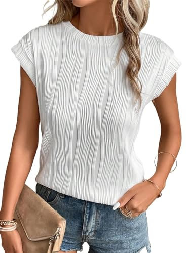 Gemulate Short Sleeve Office Blouses Clothes Work Tops Shirts for Women Ladies Crewneck Top Solid Loose Casual Blouses Tee White L