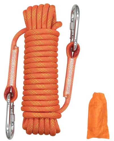 Corda da Arrampicata, 10mm Corda di Sicurezza per Esterni, Corda di Arrampicata Statica in Corda di Nylon con Moschettone, Ottimo per Alpinismo, Campeggio, Salvataggio, Esplorazione (Arancione, 10m)