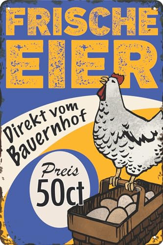 Wetterfestes 30 x 20 cm Blechschild – Hühner Schild – Frische Eier - für Hühner Fans, Eier Verkauf Hinweis Schild