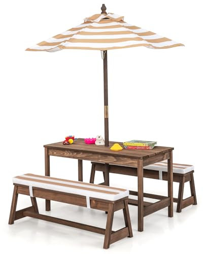 SOARS Kindersitzgruppe, Kinder Picknicktisch mit 2 Bänke & abnehmbarem Sitzkissen, Kindersitzgarnitur mit Sonnenschirm, Sitzgruppe aus Holz, Kinder Gartenmöbel für Outdoor & Indoor (Cappuccino)