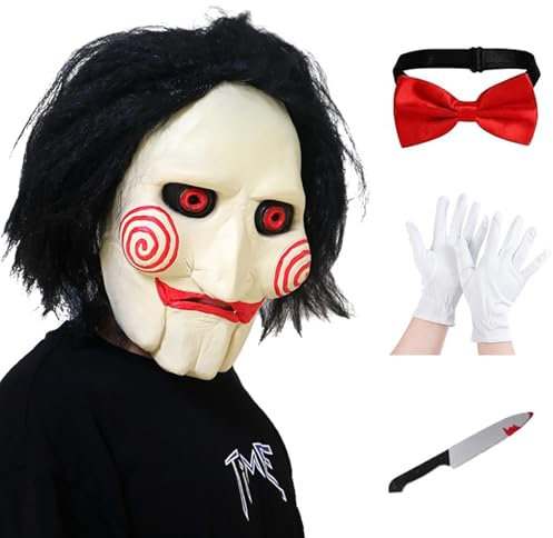Yearsahrk Saw Maske Horror Jigsaw Clown Scary Billy Masken - Karneval Halloween Kostüm Cosplay Latex Requisiten (Horror 4Pcs)