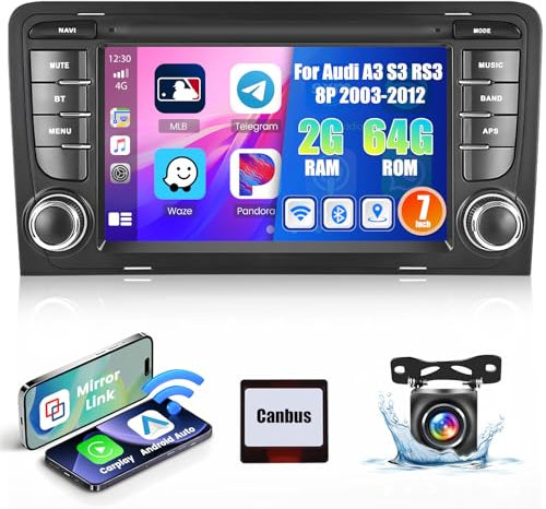 Hikity 2G+64G Android 13 Autoradio per Audi A3 2003-2012 S3 8P 2006-2012 RS3 2011-2012 con Wireless Carplay Android Auto 7Pollici Car Radio Stereo con GPS WiFi DSP FM RDS Telecamera Posteriore