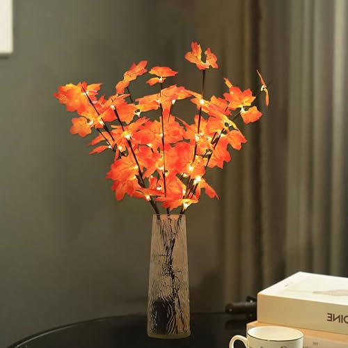 iwiio Maple Leaf Twig Lights, 30 Inch 20 LED Lighted Maple Twig for Autumn Decorations Home, Maple Leaf Branch Lights for Thanksgiving Autumn Harvest Fall Vase Decoration