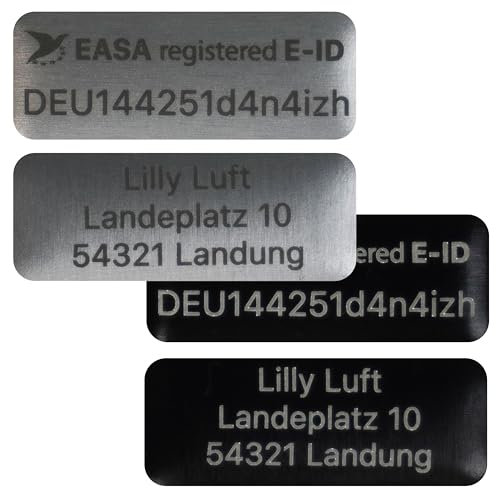 Flying-Drone – 2er-Set Drohnen-Kennzeichen 20x8 mm für DJI NEO & weitere DJI Modelle | Schwarz oder Silber | E-ID + individuelle Adresse graviert | Feuerfeste Drohnen Plakette nach EASA Norm