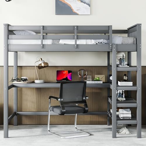 Merax Hochbett mit Schreibtisch und Lagerregal 90x200cm, Kinderbett Bettgestell mit Lattenrost & Rausfallschutz, Platzsparendes Kinder Etagenbett aus Kiefernholz & MDF, Funktionsbett Stockbett, Grau