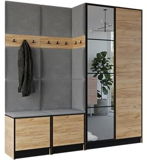 KIER FURNITURE Flurgarderobe Modern - Garderobenschrank mit Sitzbank, Haken und Schuhschrank - Flur Möbel Geräumig und Stilvoll - BxHxT 211,2x205x39cm - Craft Eiche + Grau