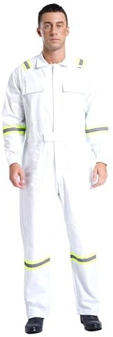 winying Tuta da lavoro da uomo, a maniche lunghe, in cotone, con tasche complete, per meccanici, bianco, L