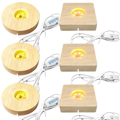 6 Stück LED Holzsockel, 3 Rund + 3 Rechteck Holzbeleuchtung Einstellbar Holz LED Lichtsockel, 3 Farben Holz Leuchten Ständer USB led-lichter sockel für Kristallkugeln, Glas, Schmuck, Acryl und Harz