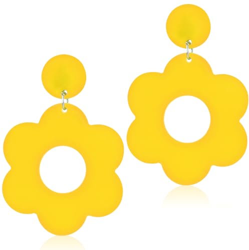 Neon Ohrringe Damen Acryl Blumenohrringe Vintage 80er 90er Jahre Party Blumen Ohrringe Mädchen Blumen Halloween Weihnachten Creolen Kostümparty Schmuck 70er 80er Jahre Partyzubehör (Gelb)