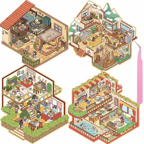 Wnqou 4 Sets DIY 3D Haus Aufkleber, große -Version 3D-Szene simulierte Hütte Szene Spiel, Niedliche Cartoon-Szene Sticker für Erwachsene und Kinder, Retro-Haus Freizeit Party Landhaus Aufkleber
