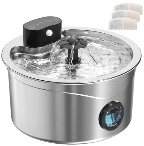 Cat Water Fountain for Drinking 2.6L Stainless Steel Pet Water Fountain Ultra Silent Wireless Cat Drinking Fountain with 2 Nozzles and 3 Pack Filters& LED Dishwasher Safe 4000mah Battery Operated