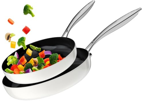 stackbear Ceramic Non Stick Frying Pan Set for Cooking, 26+30cm Tri-Ply Stainless Steel Frying Pan Set, Non Toxic Skillet, PTFE & PFOA Free, Compatible with All Stovetops, Dishwasher & Oven Safe