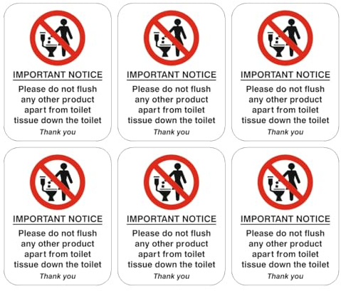 Toilet Notice Stickers, Do Not Flush Warning Signs, 80mm x 100mm, Pack of 6 labels