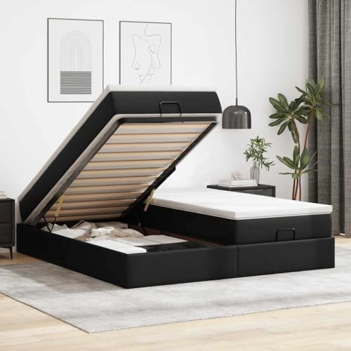 QJBSAVVA Schwarzes Kunstleder Ottoman Doppelbett 200x200 cm mit Taschenfederkernmatratzen & hydraulischem Stauraum Modernes Design & Robustheit für Schlafzimmer Gästezimmer Jugendzimmer