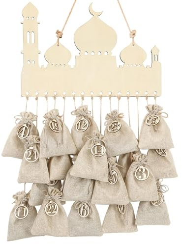Ramadan Kalender DIY Countdown Kalender Hängend Mubarak Dekoration Eid | DIY Set mit Holzrahmen, 30 Baumwolltaschen & nummerierten Aufhängern Befüllbar mit Süßem festliche Dekoration für zu Hause