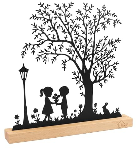 BlueXP Frühlingsdeko Dekofigur Kinder Baum Hase Metall Holzsockel | Zauberhafte Frühlingsdekoration mit Baum, Kindern und Hase detailreiche Metallfigur mit Buchenholzsockel Familie und Zuhause