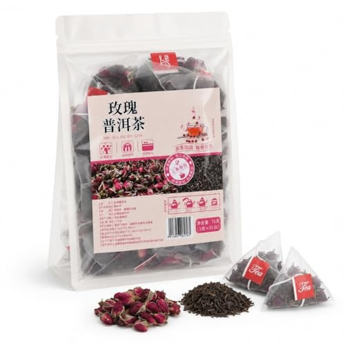 Rose Pu-erh Tea 25 Count Individually Wrapped Pyramid Tea Bags 3g/Bag 75g Stand-Up Pouch