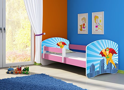 CLAMARO 'Fantasia Pink' 140 x 70 Kinderbett Set inkl. Matratze und Lattenrost, mit verstellbarem Rausfallschutz und Kantenschutzleisten, Design: 19 Superheld