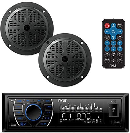 Pyle Marine Headunit Receiver Speaker Kit - In-Dash LCD Digital Stereo Built-in Bluetooth & Microphone w/AM FM Radio System 5.25’’ Waterproof Speakers (2) MP3/SD Readers & Remote Control - PLMRKT46BK