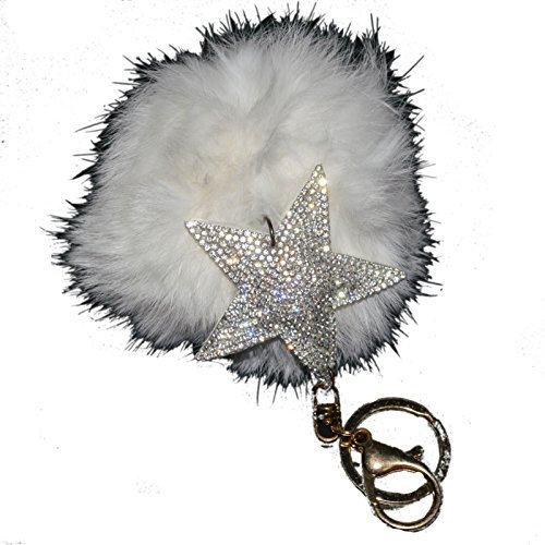 Taschenanhänger & Schlüsselanhänger echtes Fell mit Strass Sternchen und Karabiner Handtaschenanhänger (Weiß)