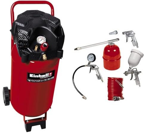 Einhell Compressore 50 L, Potenza 240 L/Min, 10 Bar, 1 Cilindro, TH-AC 240/50/10 of, 1500 W &4000832470 Set di 5 Accessori, Metallo, Compressore, Rosso/Bianco/Metallico