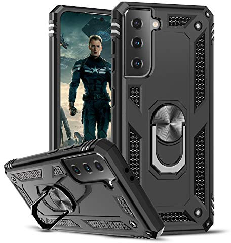 LeYi for Samsung Galaxy S21 5G Case,Ring Holder Military Grade Protective Silicone Plastic Shockproof Tough Armour Hard Mobile Phone Cover for Samsung Galaxy S21 5G 6.2 Black