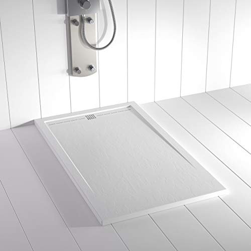 Shower Online Plato de ducha Resina FLOW - 80x170 - Textura Pizarra - Antideslizante - Todas las medidas disponibles - Incluye Rejilla Color Blanco y Sifón - Blanco RAL 9003
